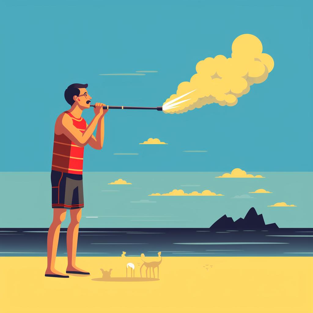 Lifeguard blowing a single, long blast on a whistle