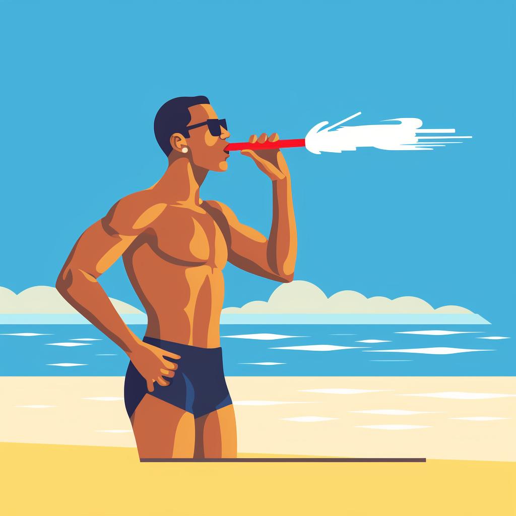Lifeguard blowing two short blasts on a whistle