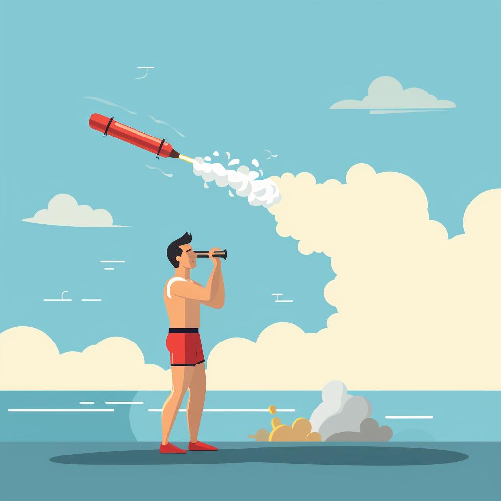 Lifeguard blowing three short blasts on a whistle before a rescue