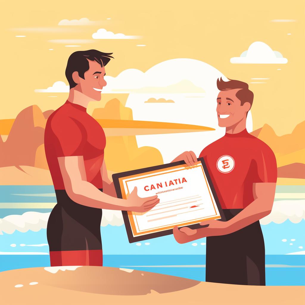 A lifeguard trainee receiving a certification after passing the test