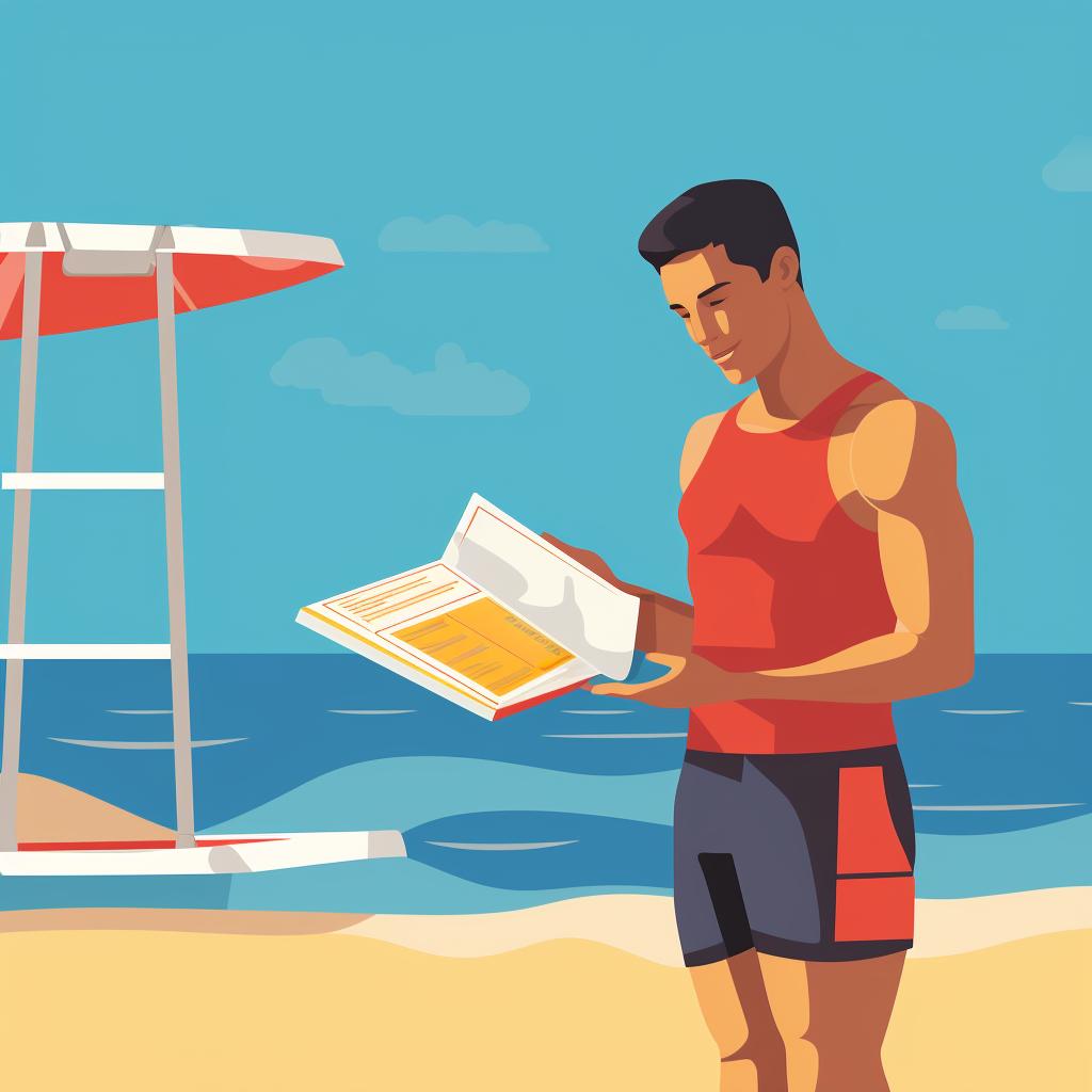 A person reviewing a lifeguard training manual