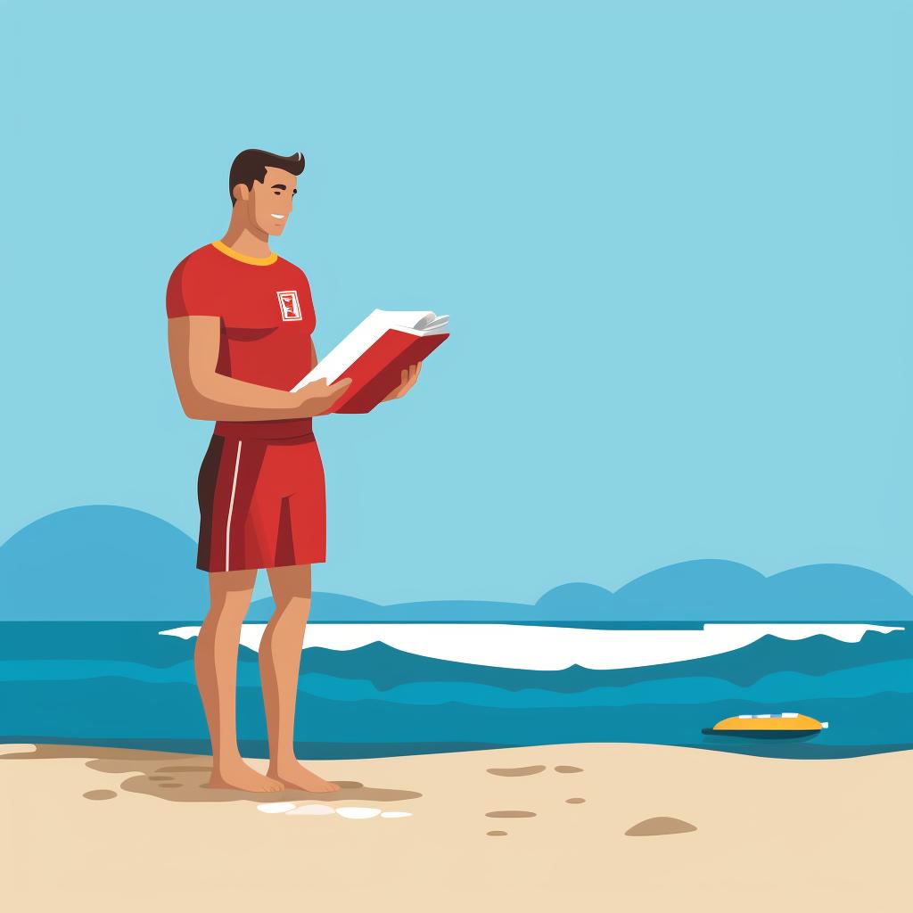 Lifeguard studying a book about lifeguarding techniques